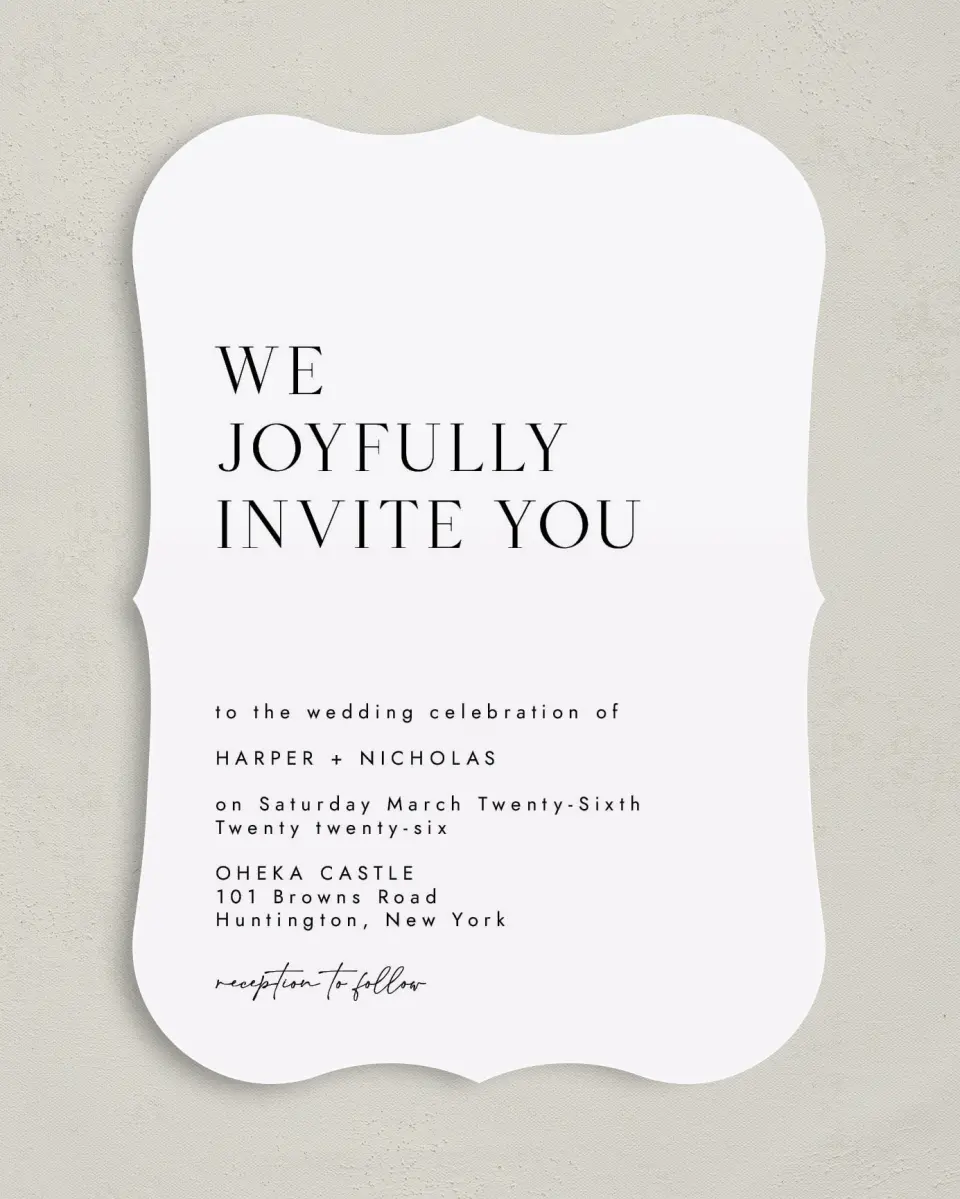 This is a 5" x 7" Bracket Wedding Invitation called Spacious Idea printed in full color on Premium Smooth paper