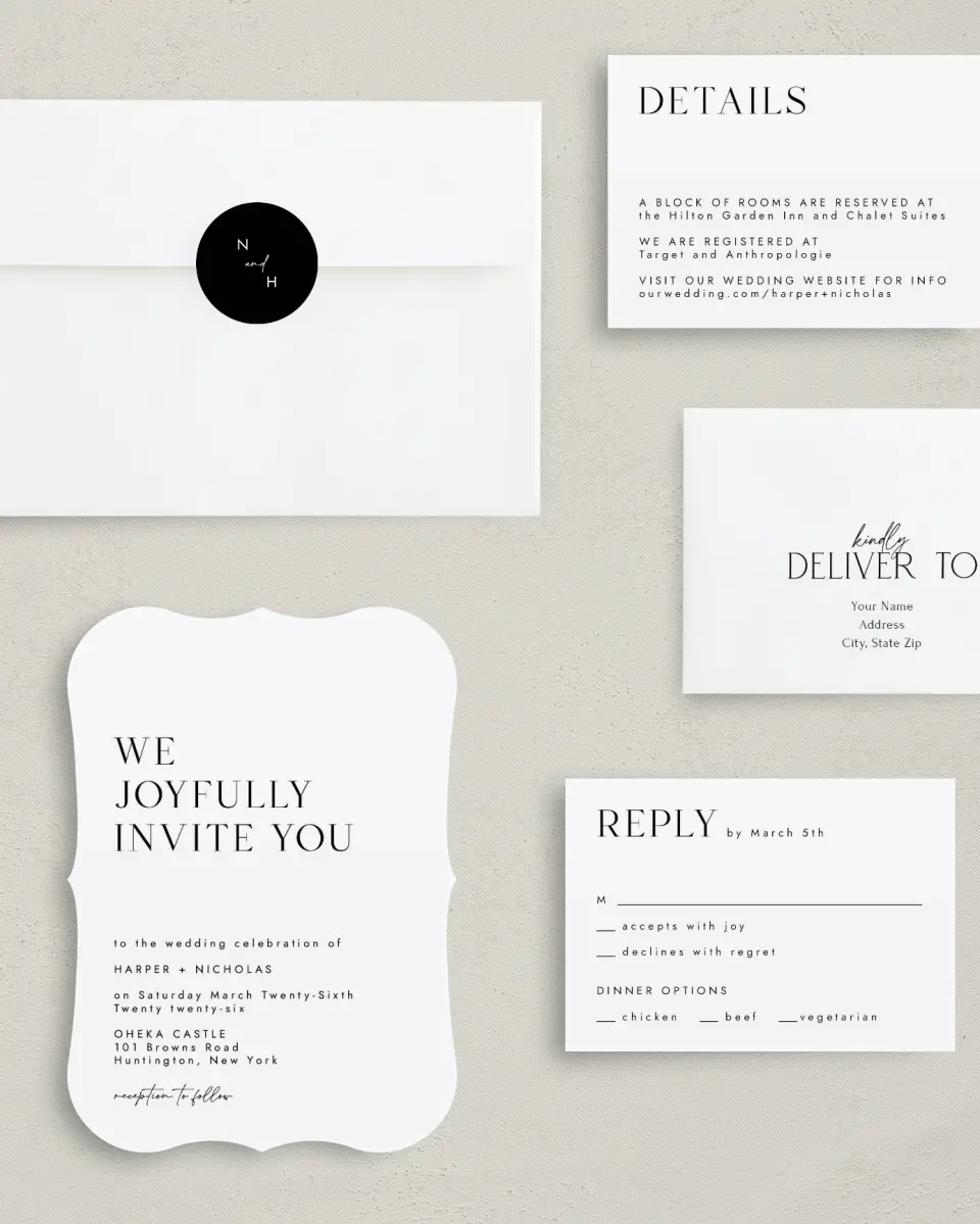 This is a 5" x 7" Bracket Wedding Invitation called Spacious Idea printed in full color with Silver foil on Luxe Satin (coated) paper