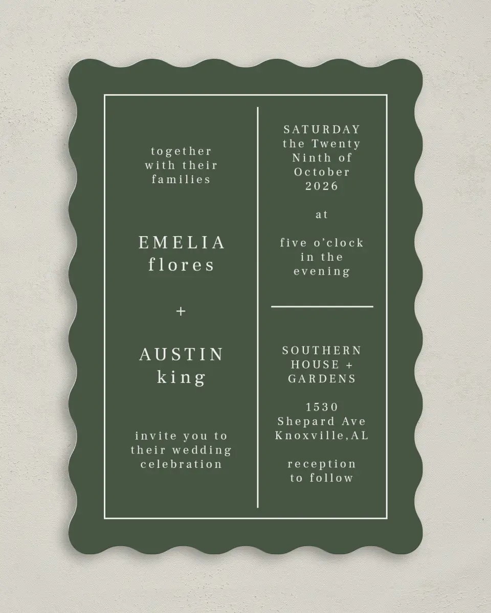 This is a 5" x 7" Wavy Wedding Invitation called Magnificent Margin printed in full color on Premium Smooth paper