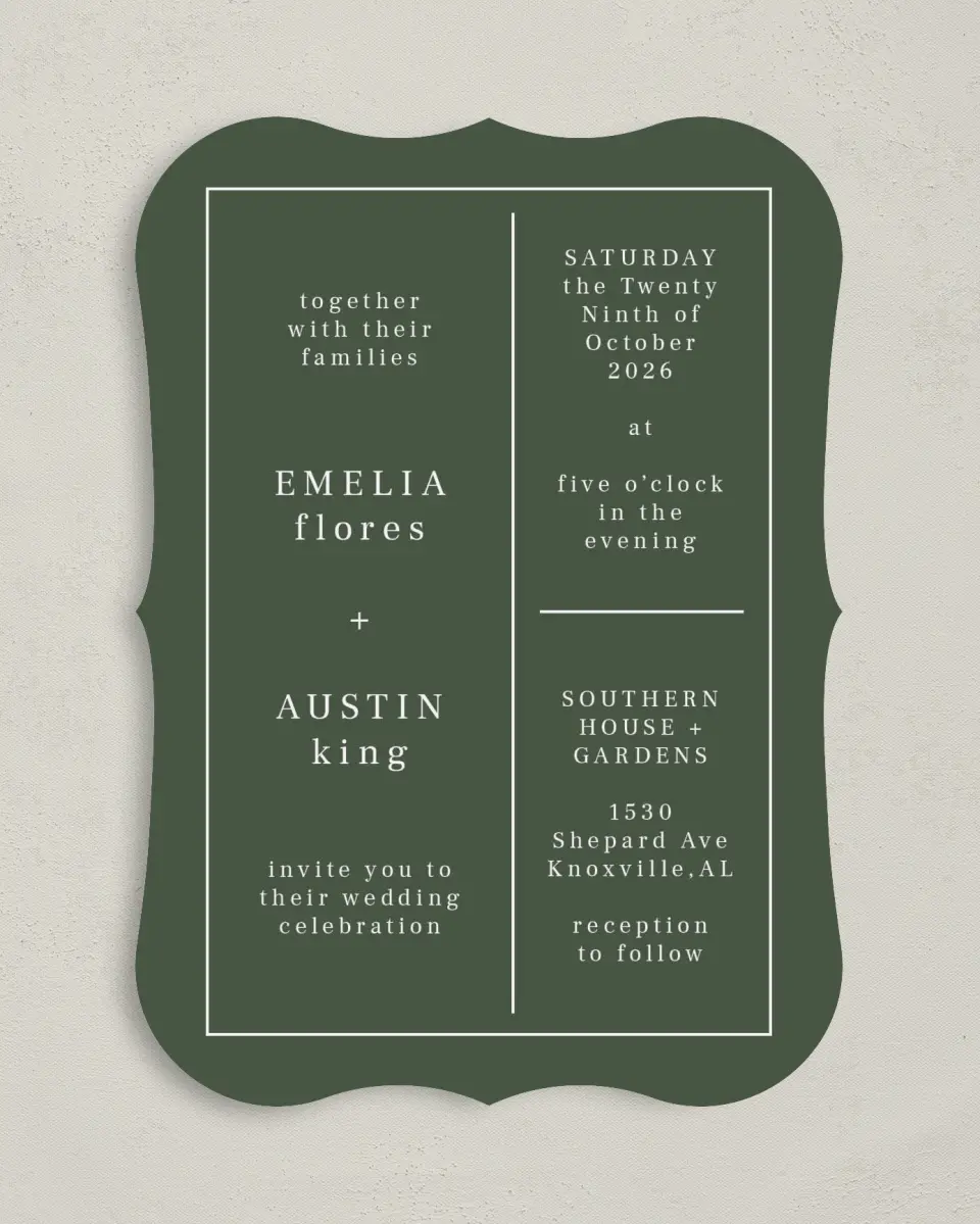 This is a 5" x 7" Bracket Wedding Invitation called Magnificent Margin printed in full color with Silver foil on Luxe Satin (coated) paper
