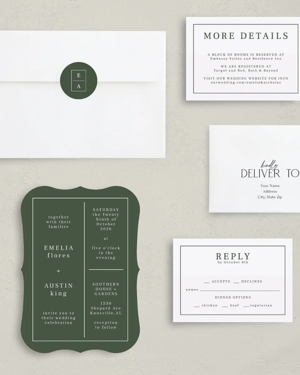 This is a 5" x 7" Bracket Wedding Invitation called Magnificent Margin printed in full color with Silver foil on Luxe Satin (coated) paper