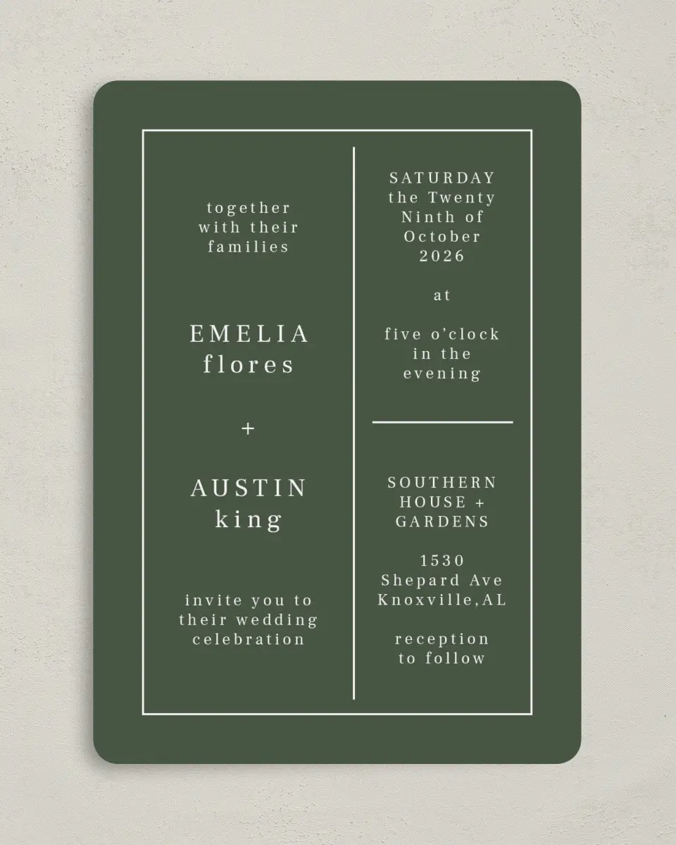 This is a 5" x 7" Rounded Wedding Invitation called Magnificent Margin printed in full color on Premium Smooth paper