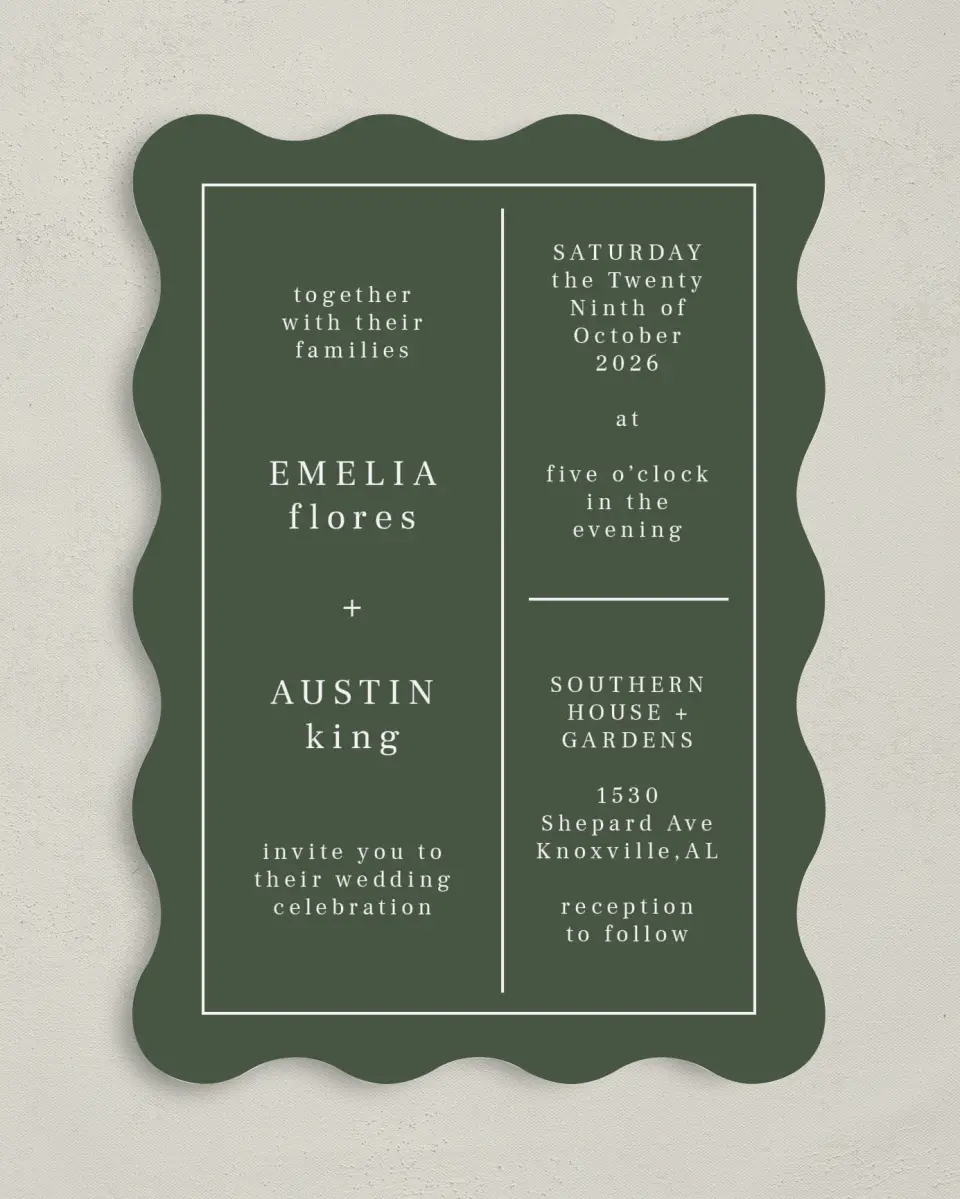This is a 5" x 7" Wavy Wedding Invitation called Magnificent Margin printed in full color on Premium Smooth paper