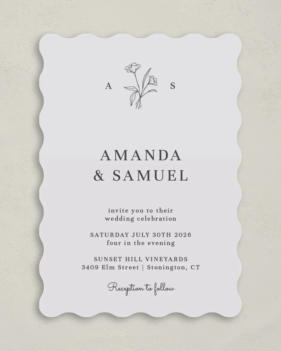 This is a 5" x 7" Wavy Wedding Invitation called Monogram Bloom printed in full color on Premium Smooth paper