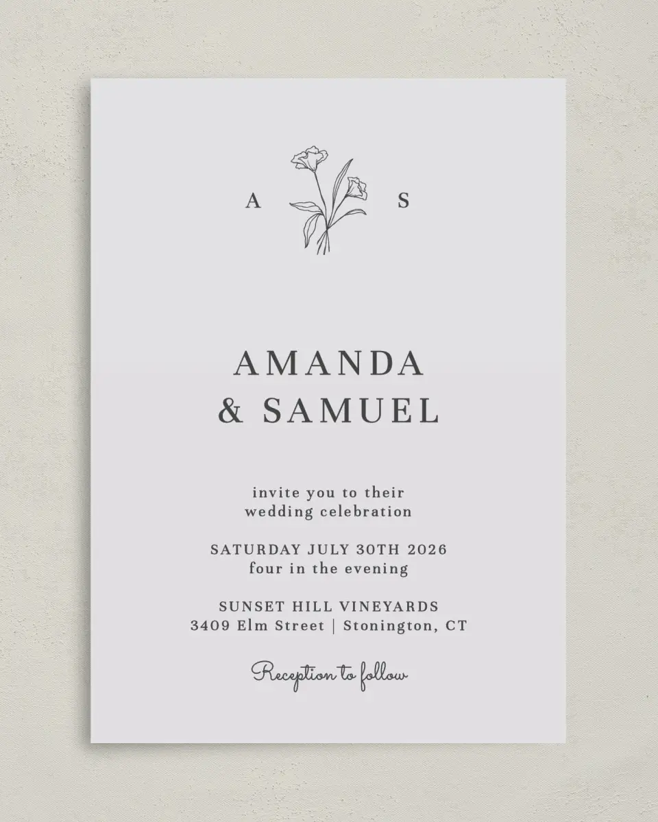 This is a 5" x 7" Classic Wedding Invitation called Monogram Bloom printed in full color on Premium Smooth paper