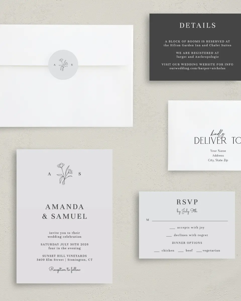 This is a 5" x 7" Classic Wedding Invitation called Monogram Bloom printed in full color on Premium Smooth paper