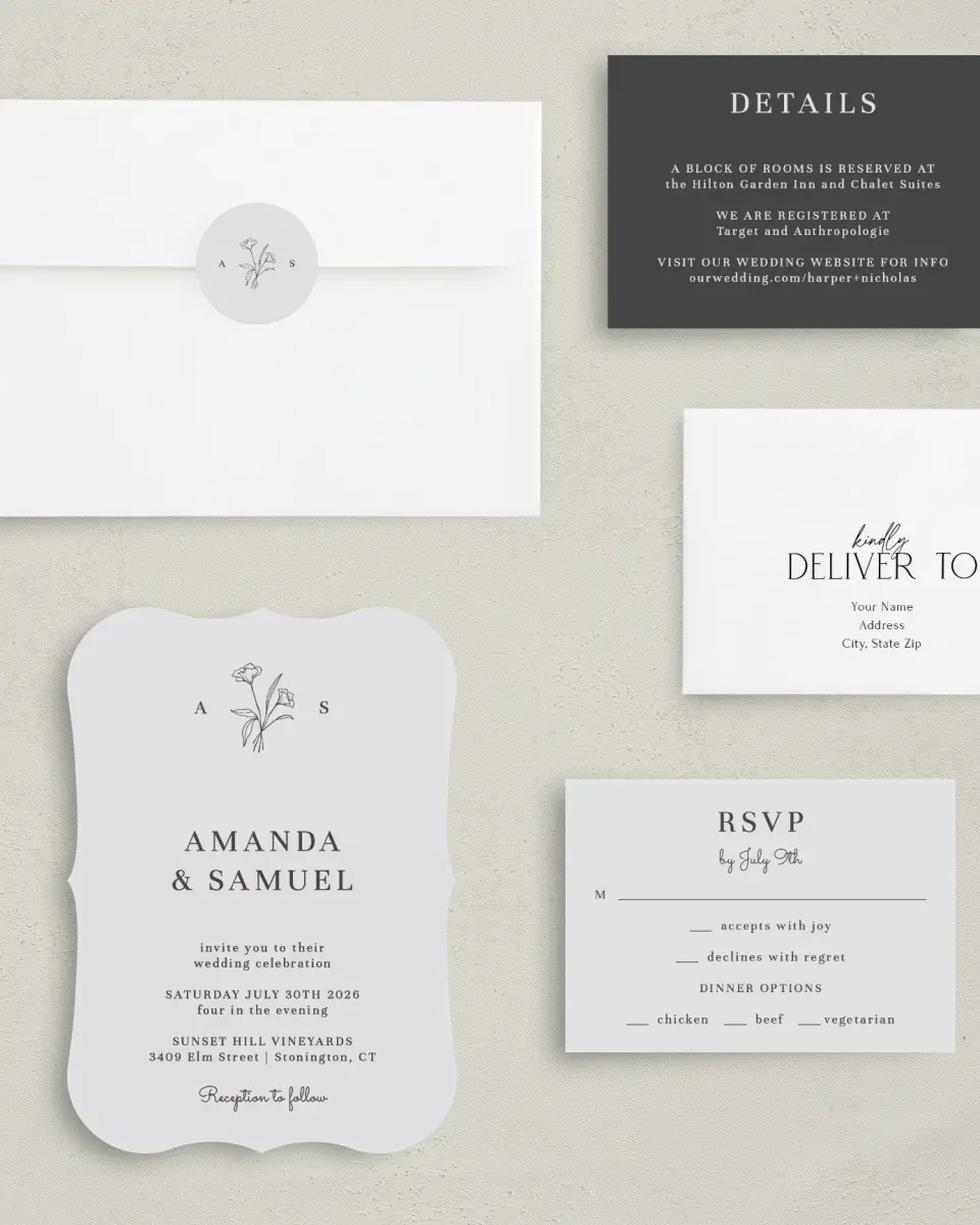 This is a 5" x 7" Bracket Wedding Invitation called Monogram Bloom printed in full color with Silver foil on Luxe Satin (coated) paper