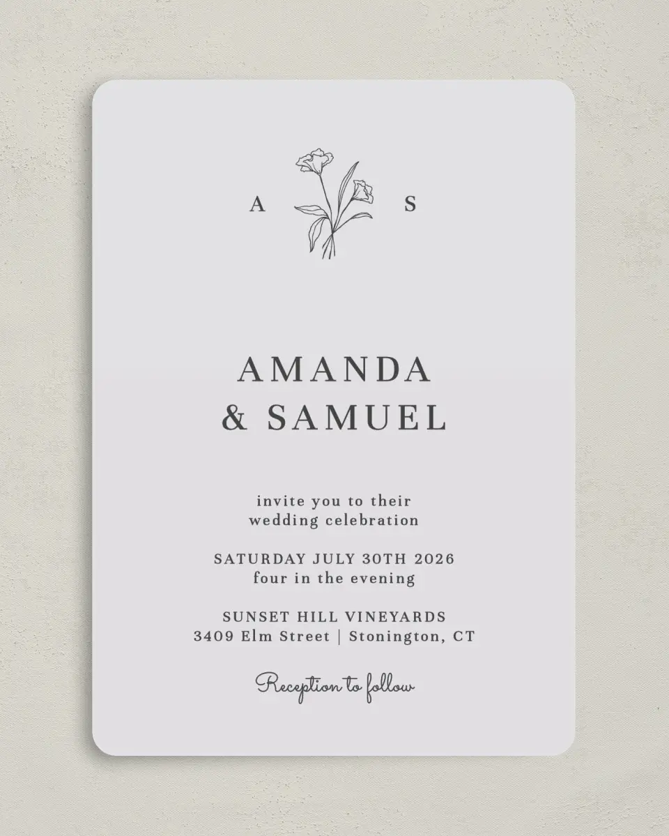 This is a 5" x 7" Rounded Wedding Invitation called Monogram Bloom printed in full color on Premium Smooth paper