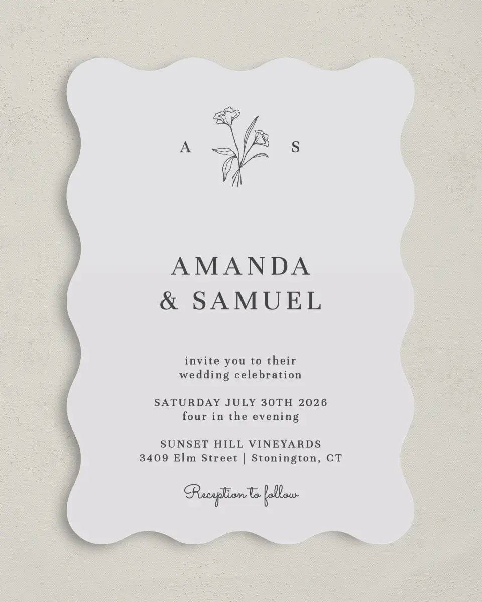 This is a 5" x 7" Wavy Wedding Invitation called Monogram Bloom printed in full color on Premium Smooth paper