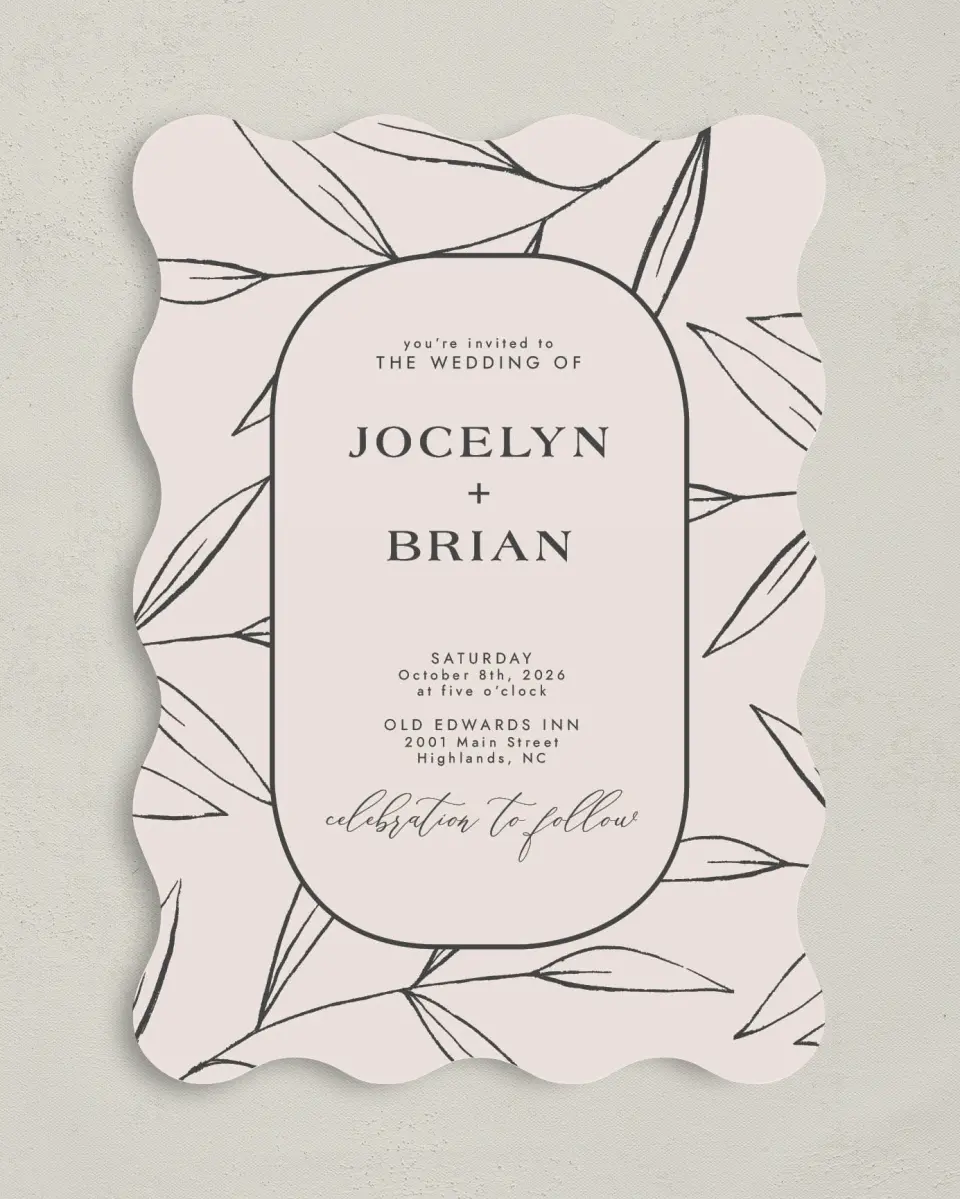 This is a 5" x 7" Wavy Wedding Invitation called Dazzling Moment printed in full color on Premium Smooth paper