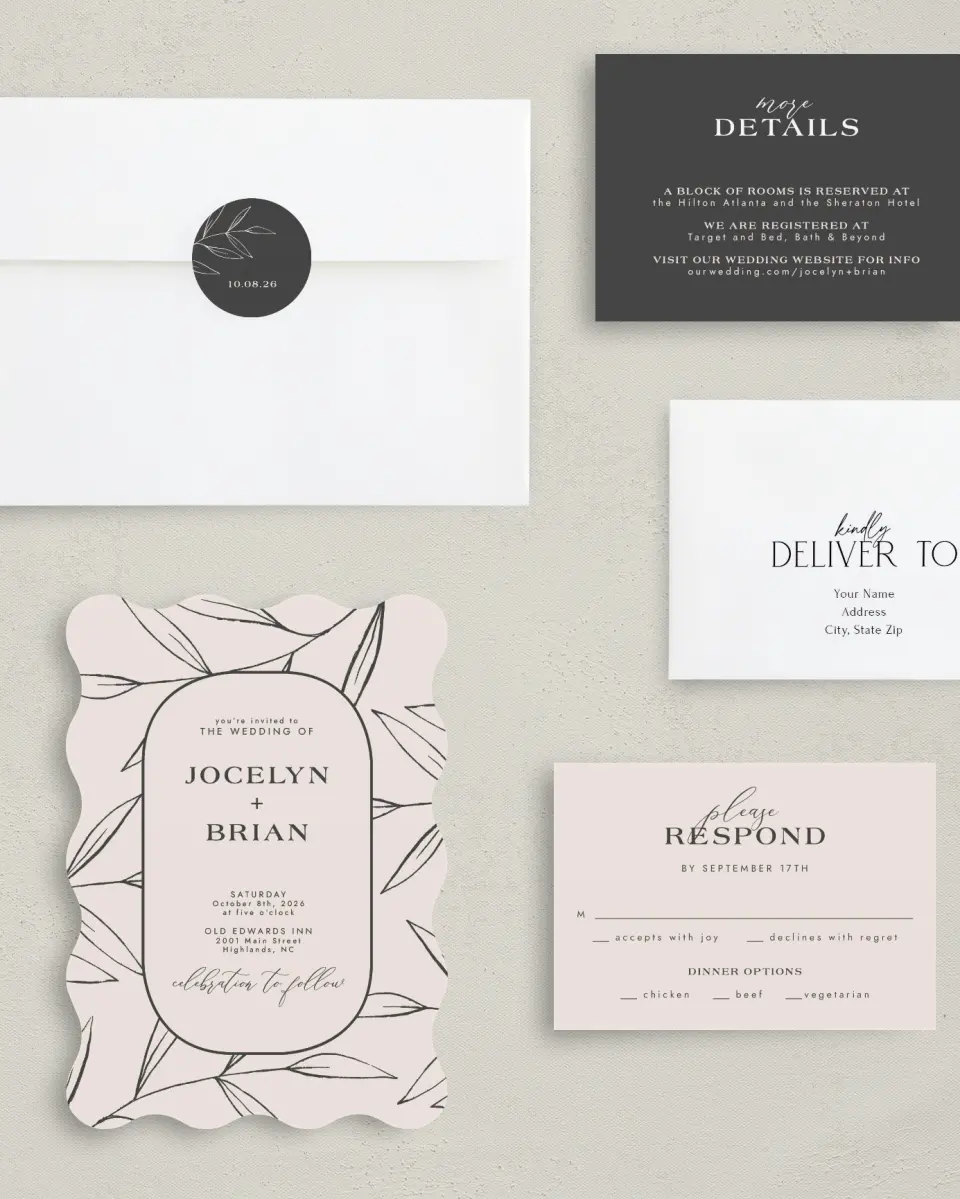 This is a 5" x 7" Wavy Wedding Invitation called Dazzling Moment printed in full color with Silver foil on Luxe Satin (coated) paper