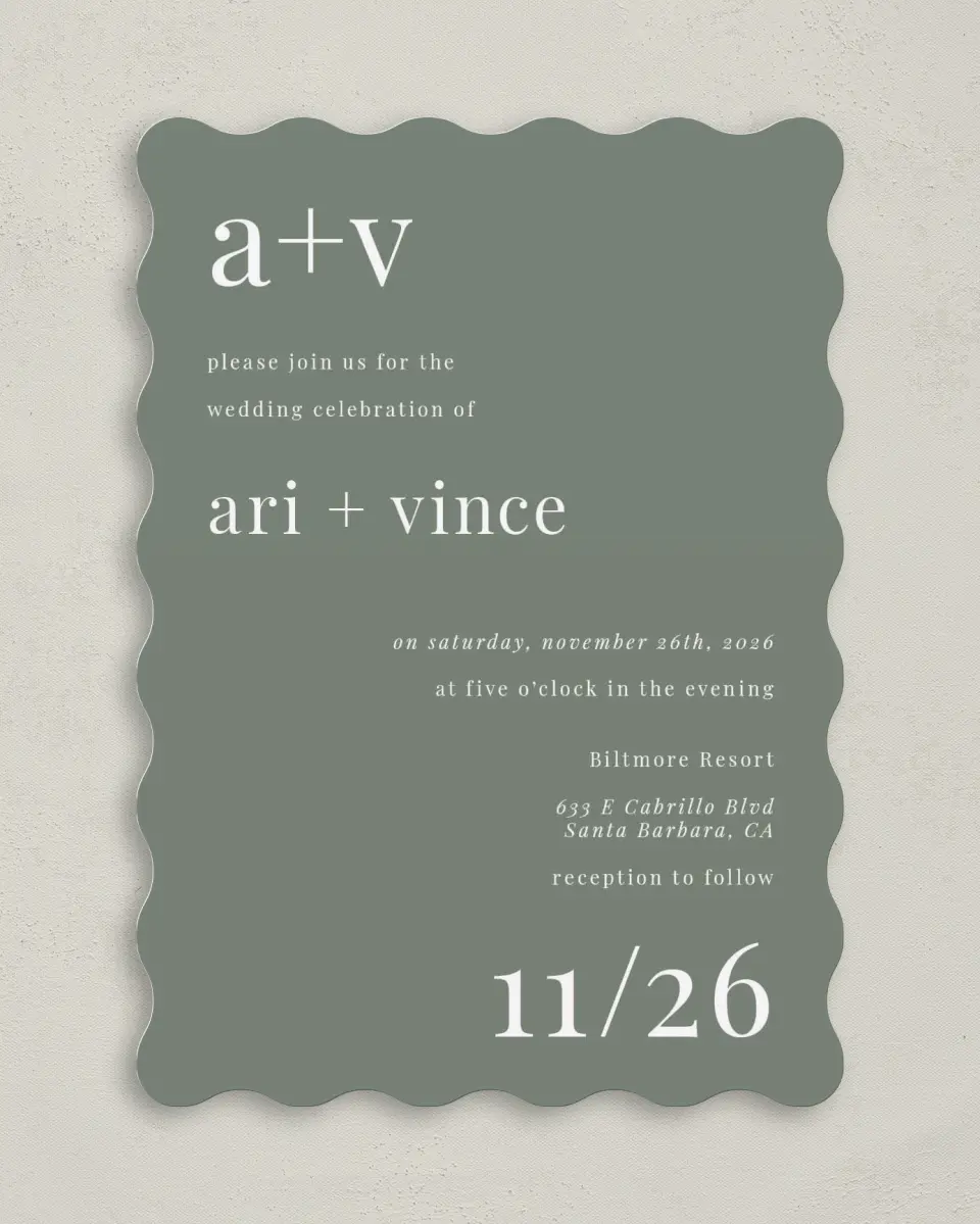 This is a 5" x 7" Wavy Wedding Invitation called Darling Digest printed in full color on Premium Smooth paper