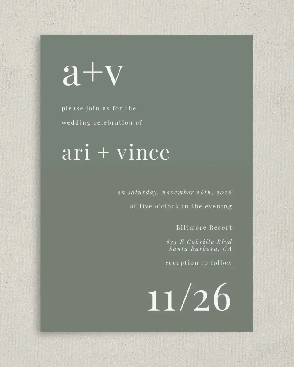 This is a 5" x 7" Classic Wedding Invitation called Darling Digest printed in full color on Premium Smooth paper