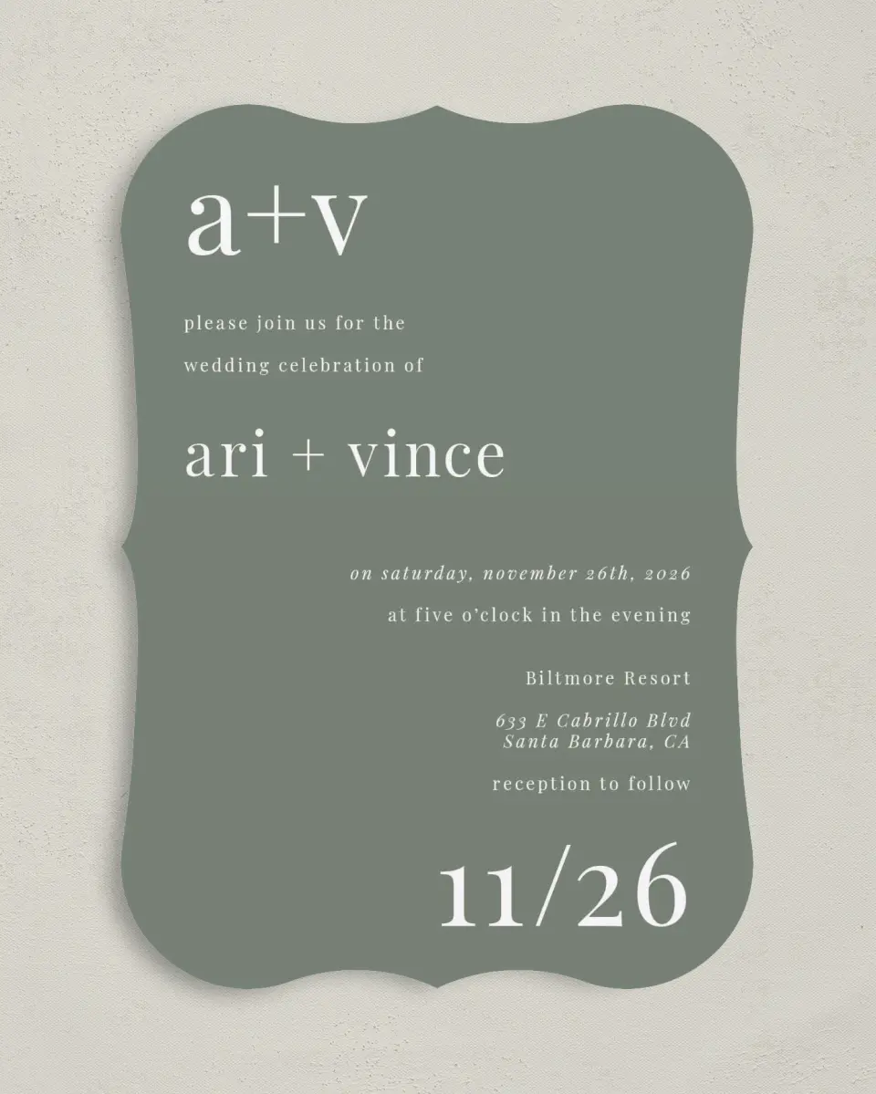 This is a 5" x 7" Bracket Wedding Invitation called Darling Digest printed in full color on Premium Smooth paper