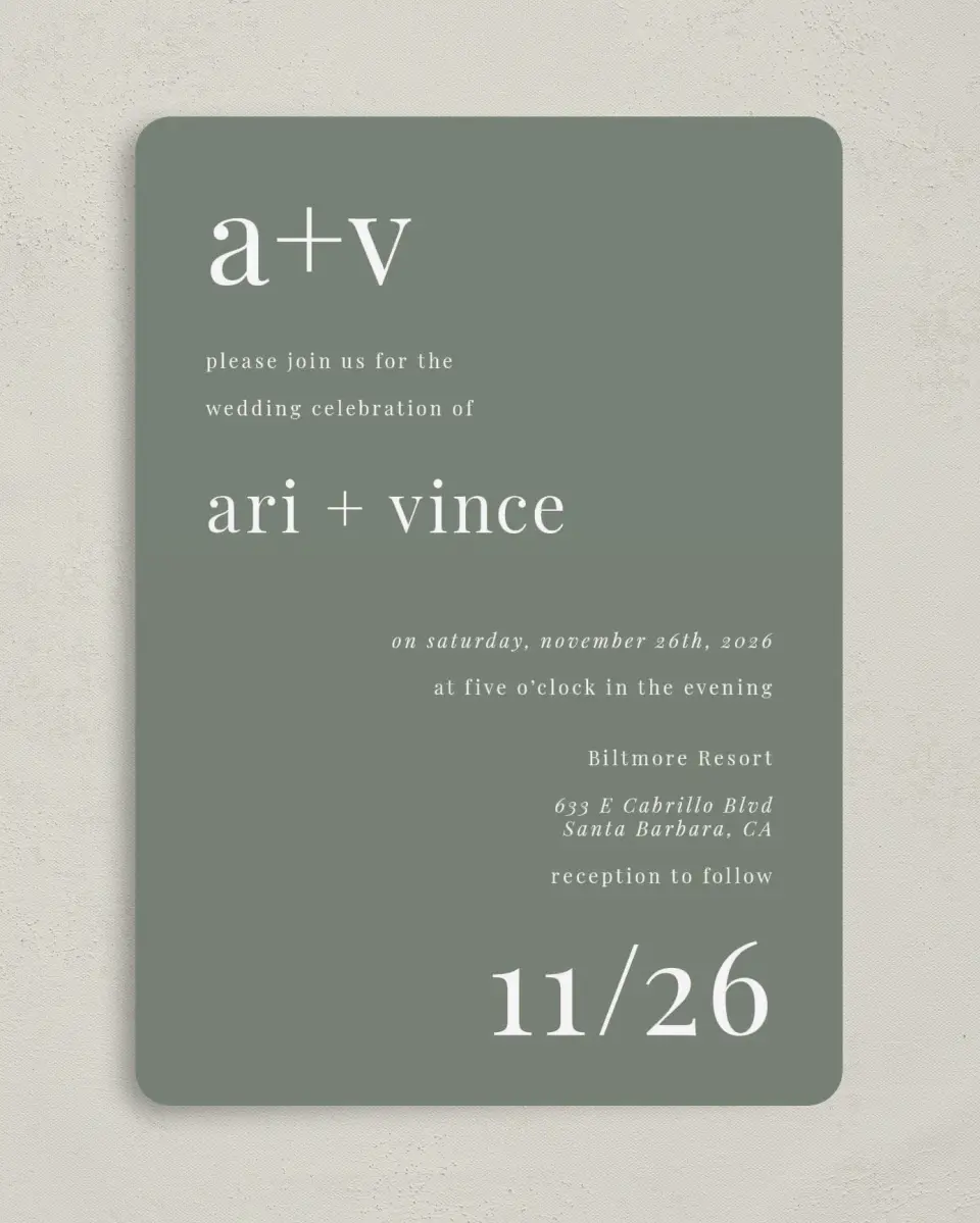 This is a 5" x 7" Rounded Wedding Invitation called Darling Digest printed in full color on Premium Smooth paper