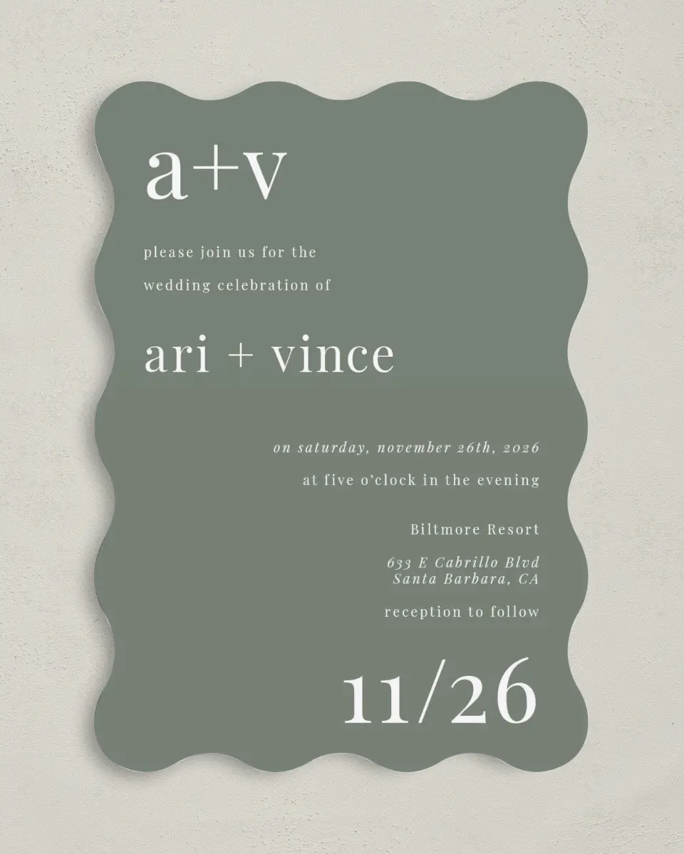 This is a 5" x 7" Wavy Wedding Invitation called Darling Digest printed in full color on Premium Smooth paper