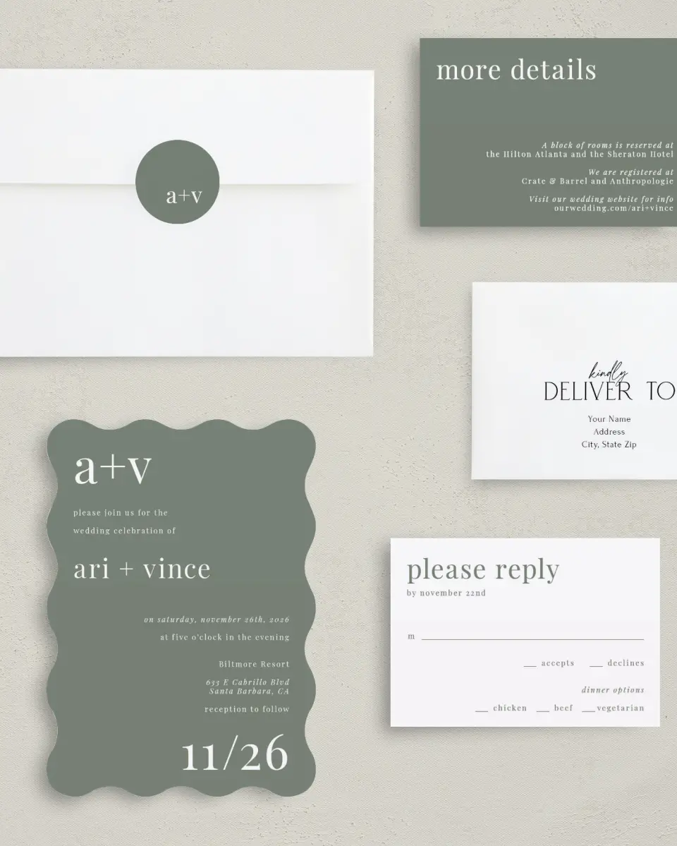 This is a 5" x 7" Wavy Wedding Invitation called Darling Digest printed in full color with Silver foil on Luxe Satin (coated) paper