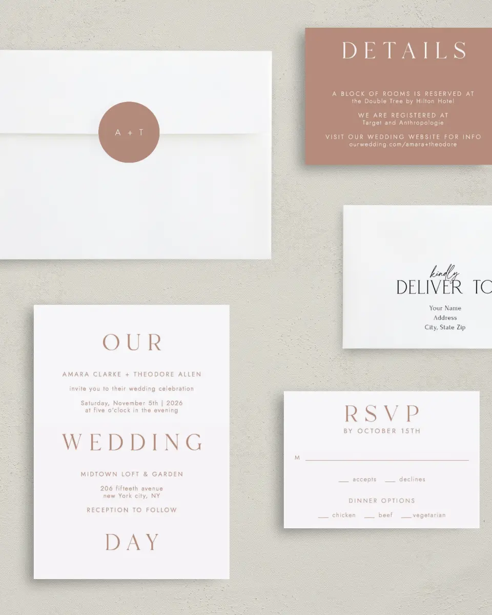 This is a 5" x 7" Classic Wedding Invitation called Stacked Pair printed in full color with Gold foil on Luxe Satin (coated) paper