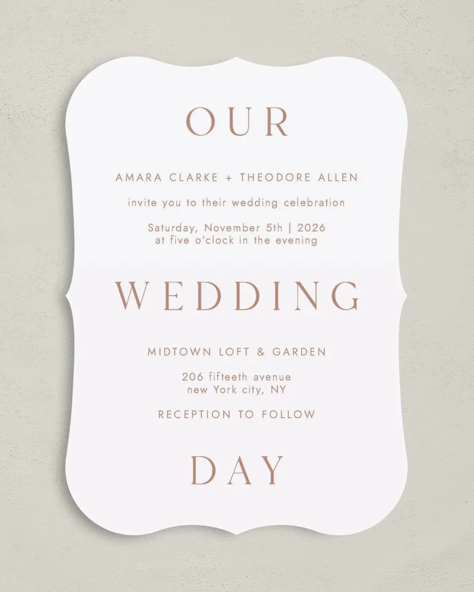 This is a 5" x 7" Bracket Wedding Invitation called Stacked Pair printed in full color on Premium Smooth paper