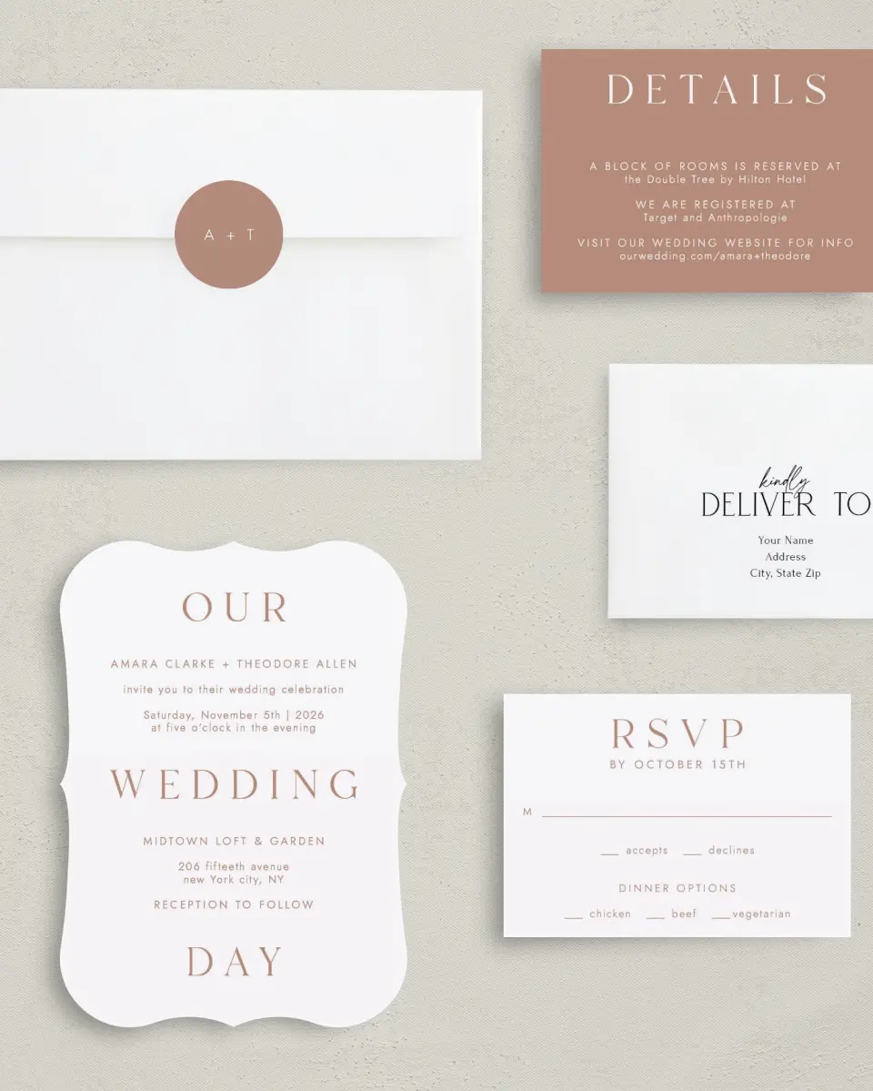 This is a 5" x 7" Bracket Wedding Invitation called Stacked Pair printed in full color with Silver foil on Luxe Satin (coated) paper
