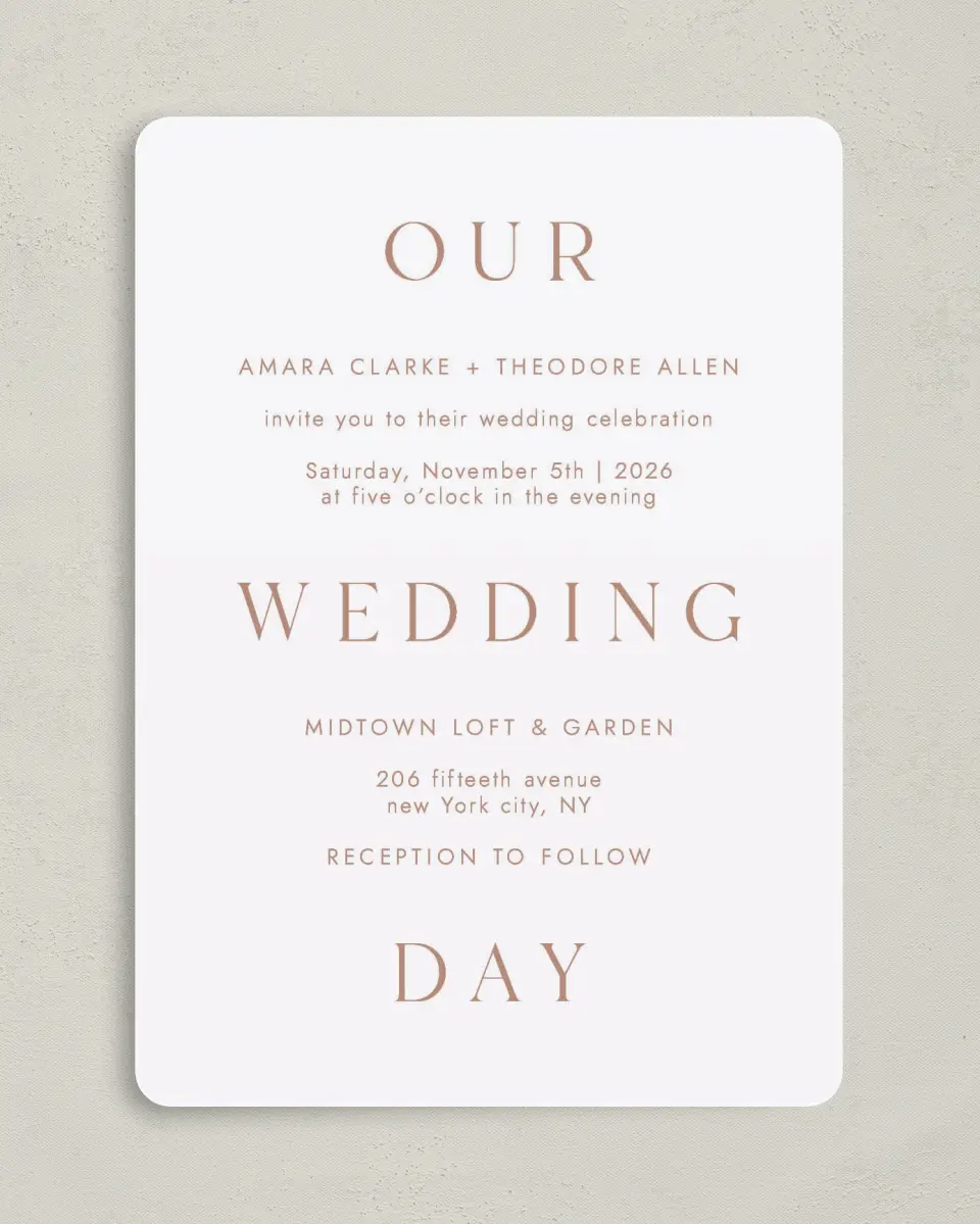 This is a 5" x 7" Rounded Wedding Invitation called Stacked Pair printed in full color on Premium Smooth paper