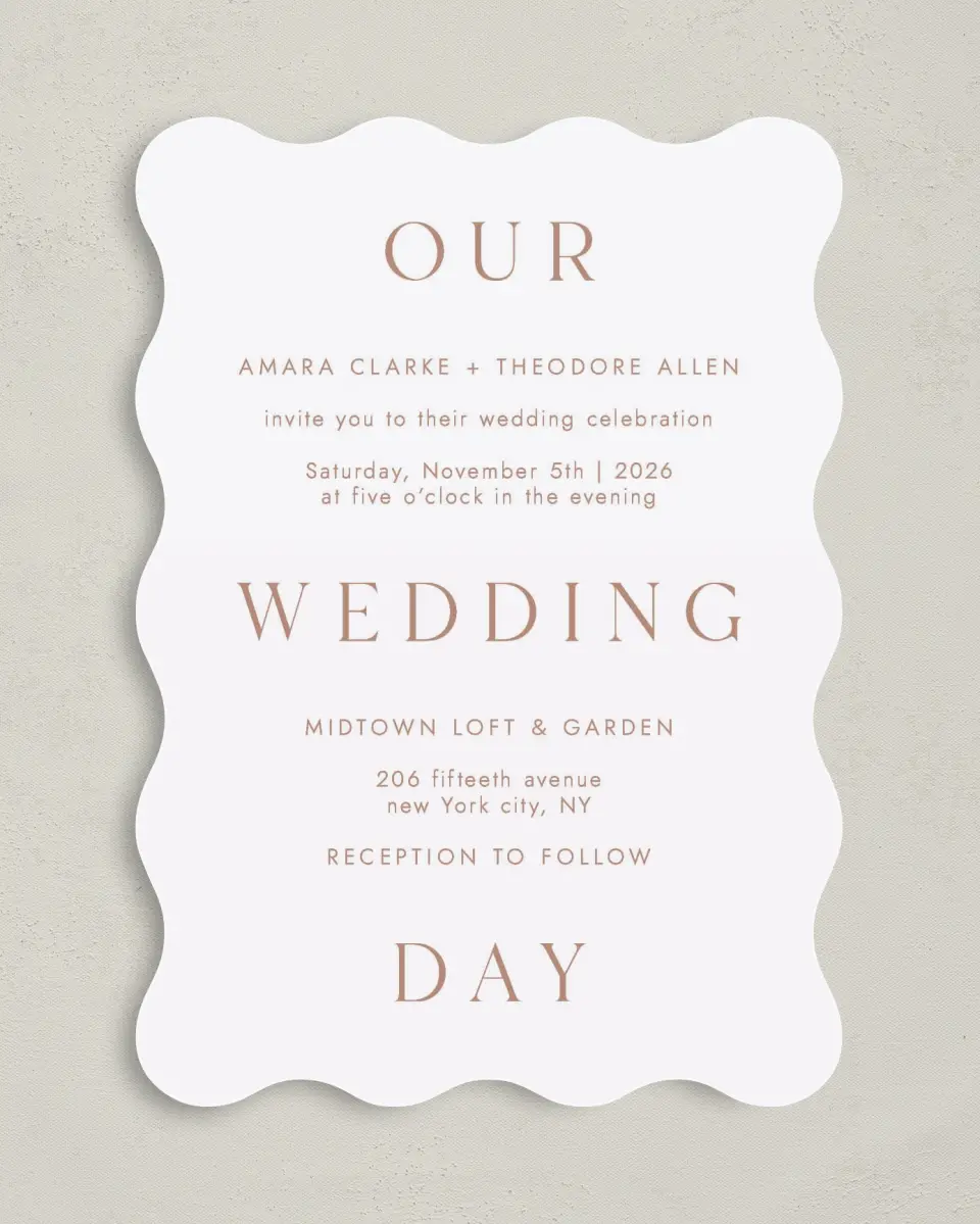 This is a 5" x 7" Wavy Wedding Invitation called Stacked Pair printed in full color on Premium Smooth paper