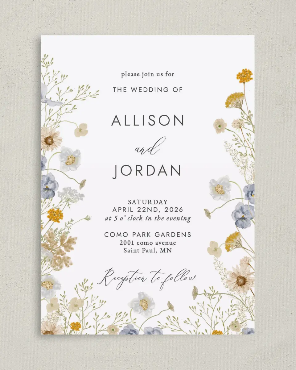 This is a 5" x 7" Classic Wedding Invitation called Tender Blooms printed in full color on Premium Smooth paper
