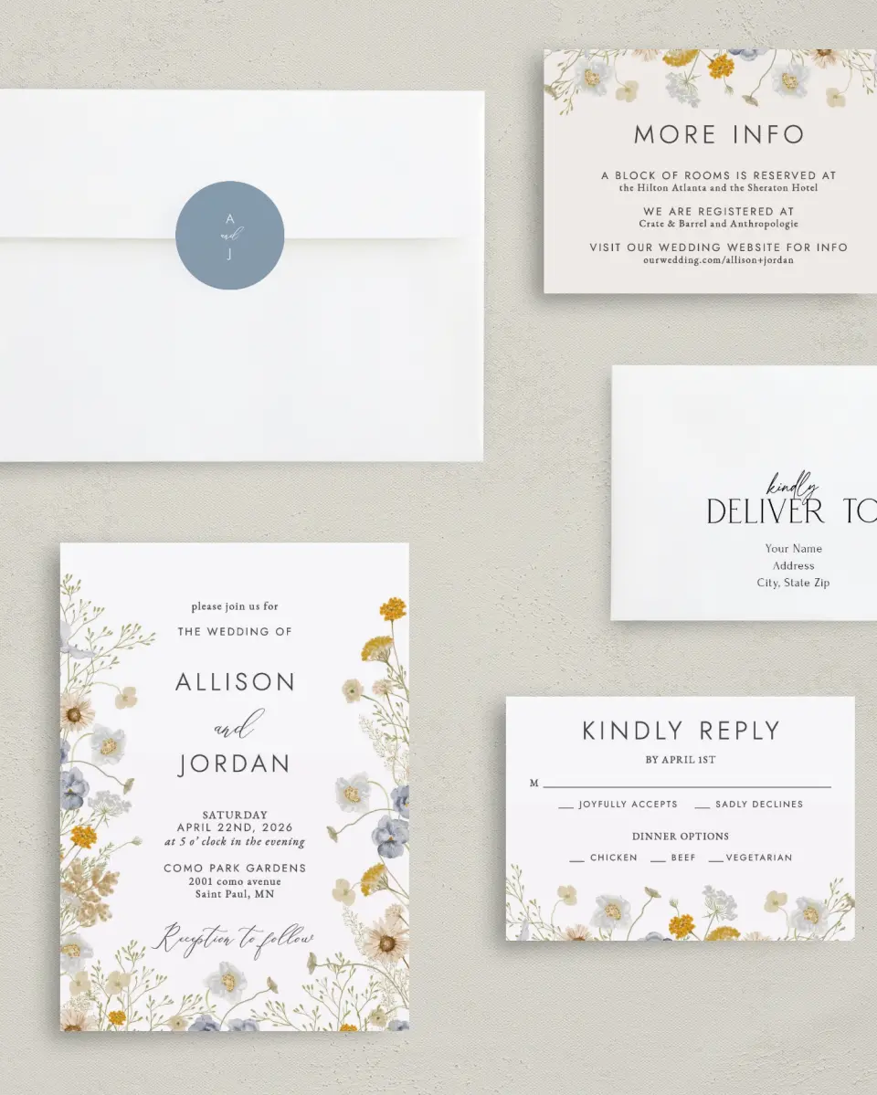 This is a 5" x 7" Classic Wedding Invitation called Tender Blooms printed in full color on Premium Smooth paper