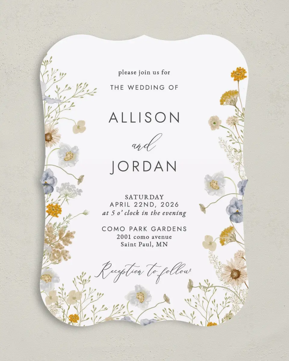 This is a 5" x 7" Bracket Wedding Invitation called Tender Blooms printed in full color with Silver foil on Luxe Satin (coated) paper