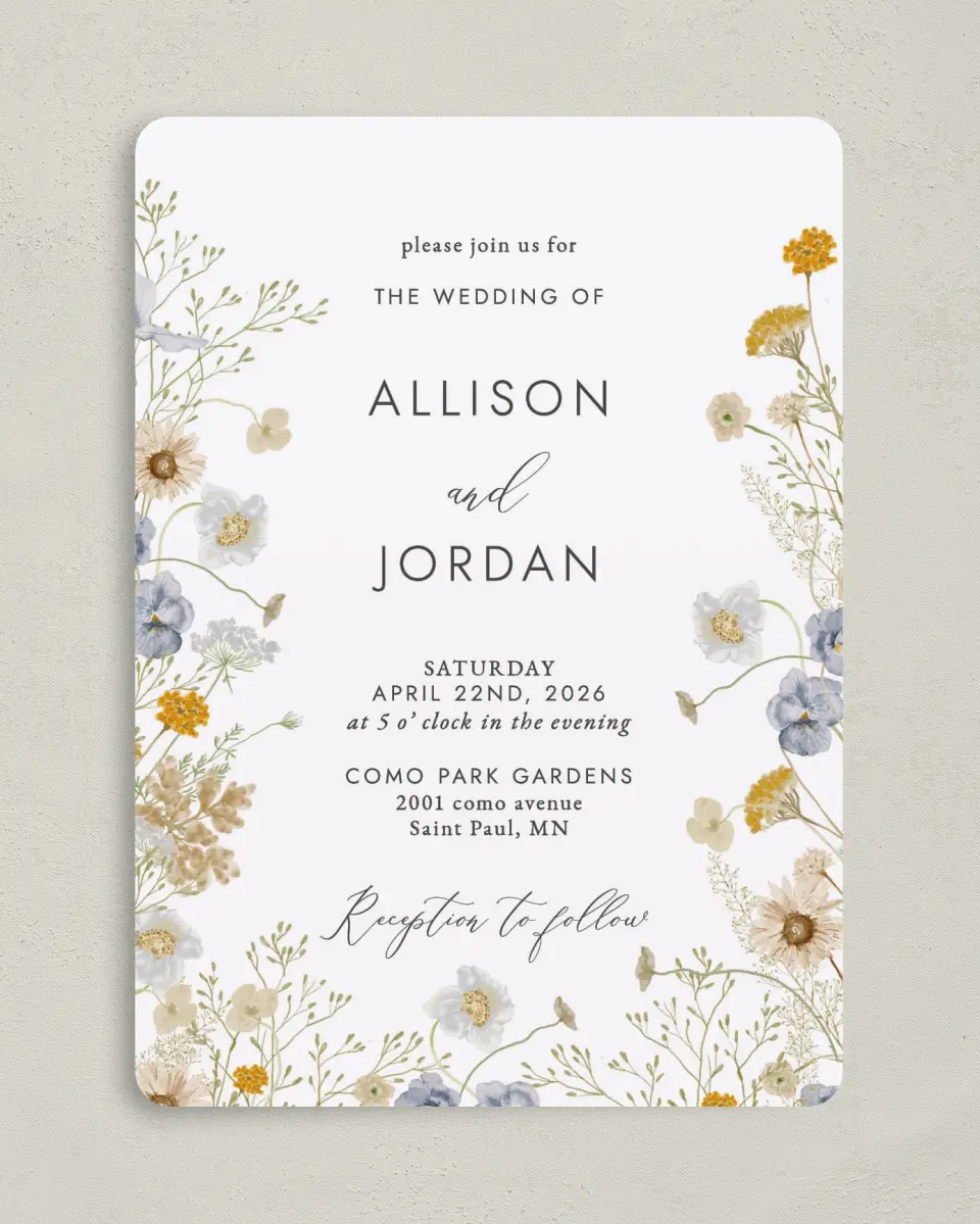 This is a 5" x 7" Rounded Wedding Invitation called Tender Blooms printed in full color on Premium Smooth paper