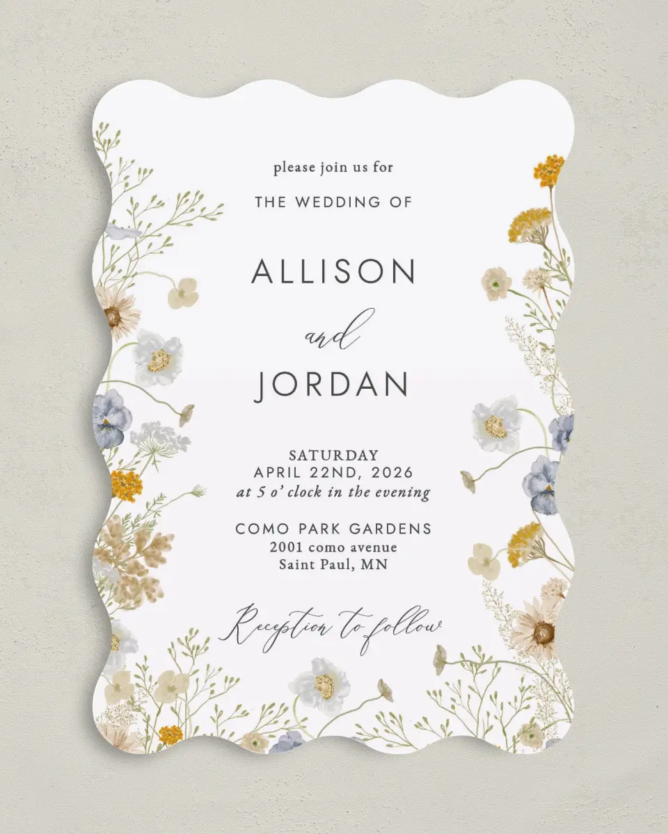 This is a 5" x 7" Wavy Wedding Invitation called Tender Blooms printed in full color on Premium Smooth paper