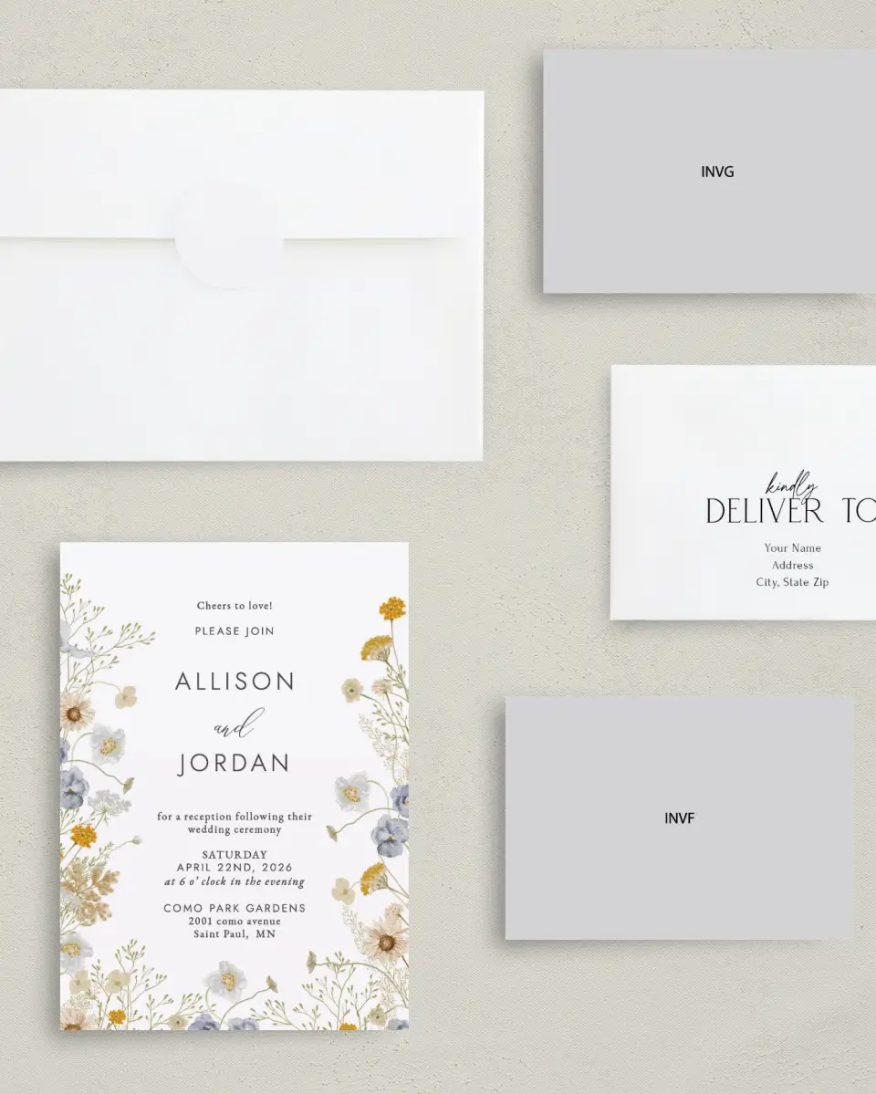 This is a 5" x 7" Reception-Only - CP called Tender Blooms printed in full color with Gold foil on Luxe Satin (coated) paper