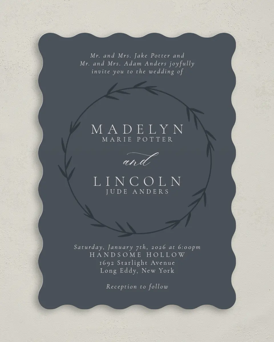 This is a 5" x 7" Wavy Wedding Invitation called Subtle Wreath printed in full color on Premium Smooth paper