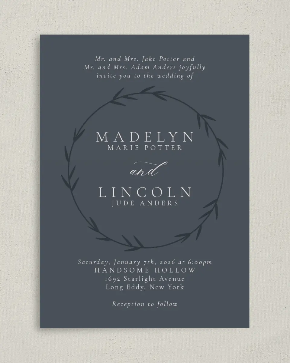 This is a 5" x 7" Classic Wedding Invitation called Subtle Wreath printed in full color on Premium Smooth paper