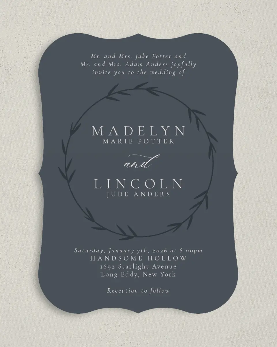 This is a 5" x 7" Bracket Wedding Invitation called Subtle Wreath printed in full color with Silver foil on Luxe Satin (coated) paper