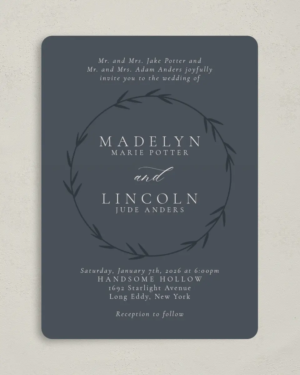 This is a 5" x 7" Rounded Wedding Invitation called Subtle Wreath printed in full color on Premium Smooth paper