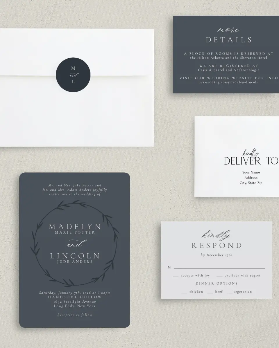 This is a 5" x 7" Rounded Wedding Invitation called Subtle Wreath printed in full color with Gold foil on Luxe Satin (coated) paper