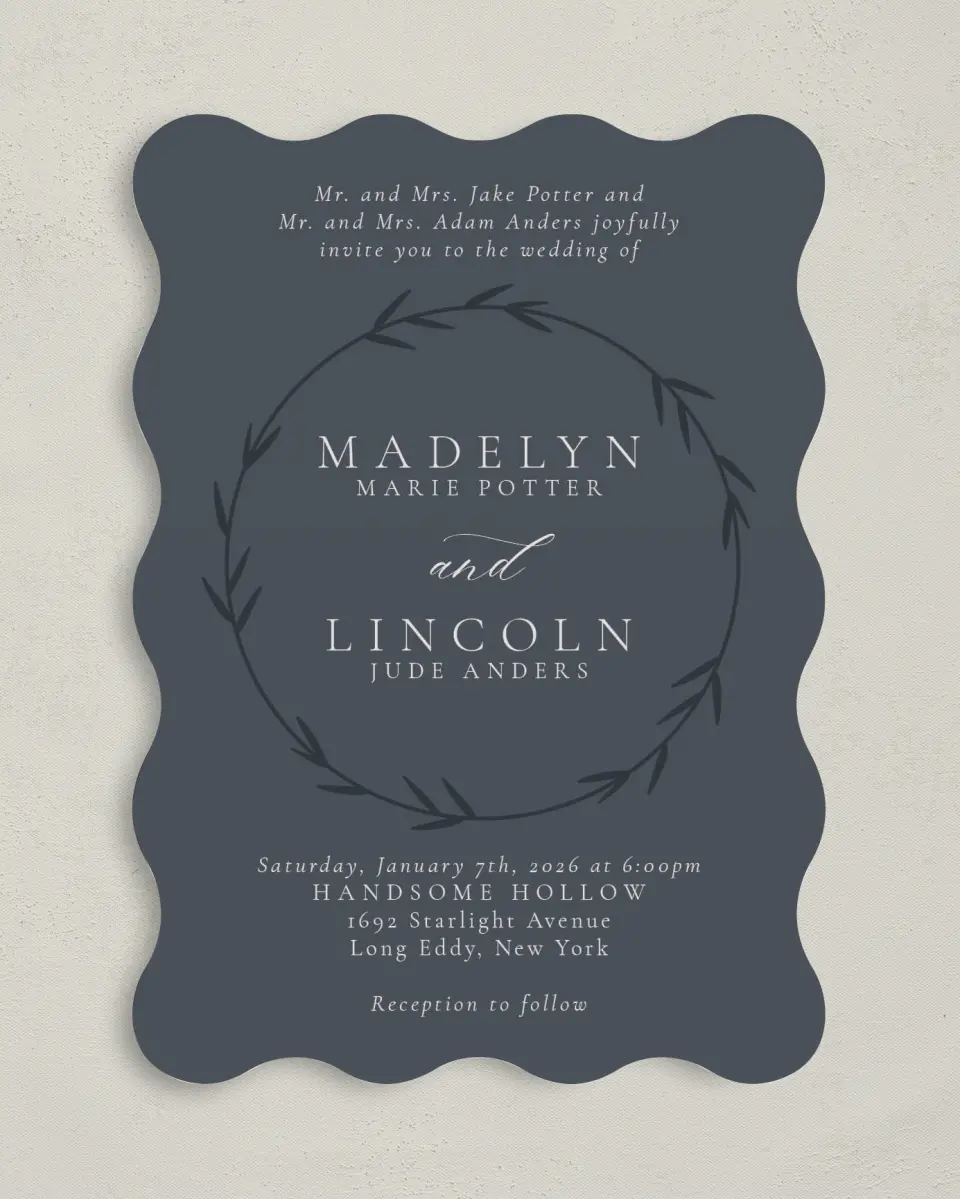 This is a 5" x 7" Wavy Wedding Invitation called Subtle Wreath printed in full color on Premium Smooth paper