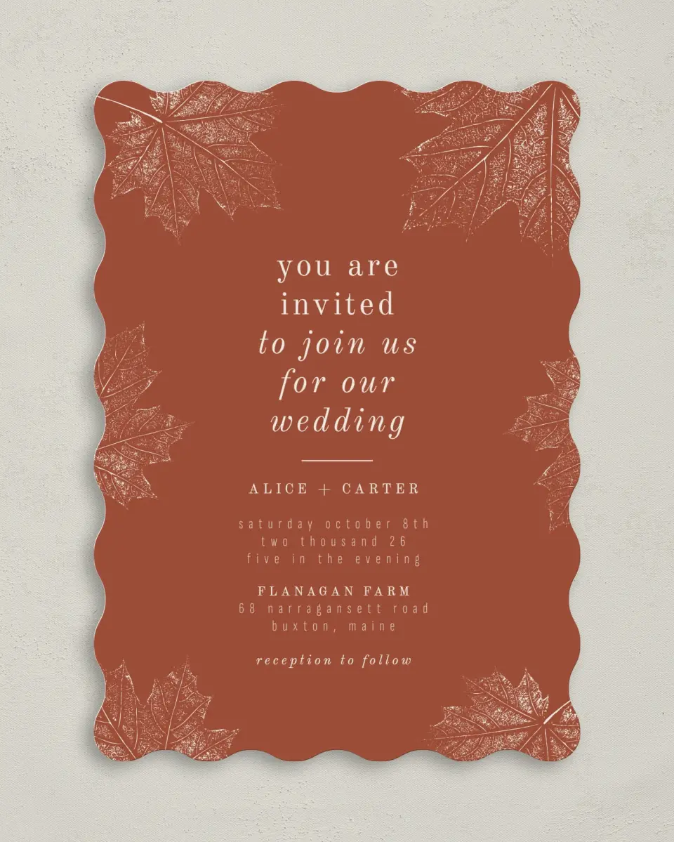 This is a 5" x 7" Wavy Wedding Invitation called Turning Leaves printed in full color on Premium Smooth paper