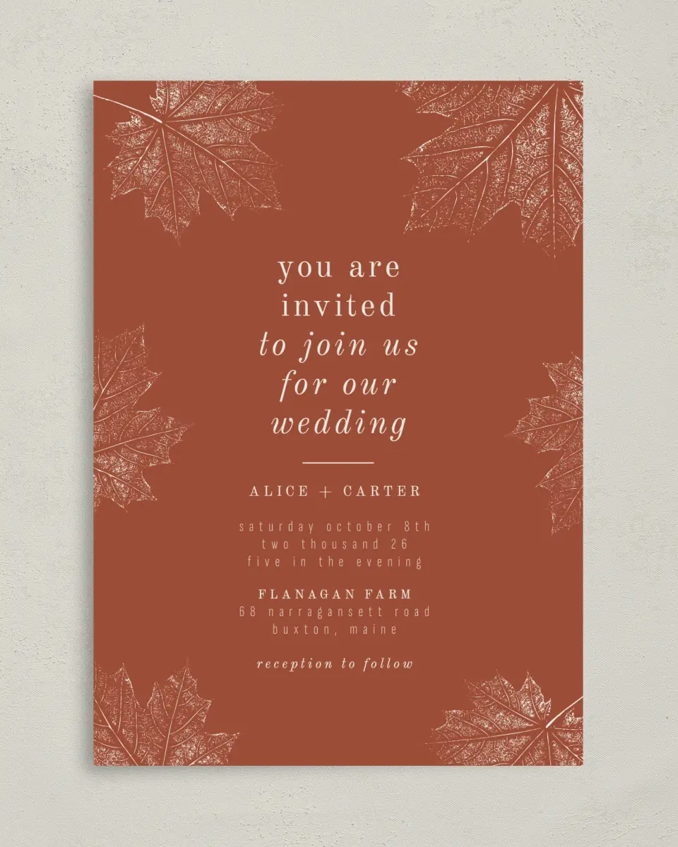 This is a 5" x 7" Classic Wedding Invitation called Turning Leaves printed in full color on Premium Smooth paper