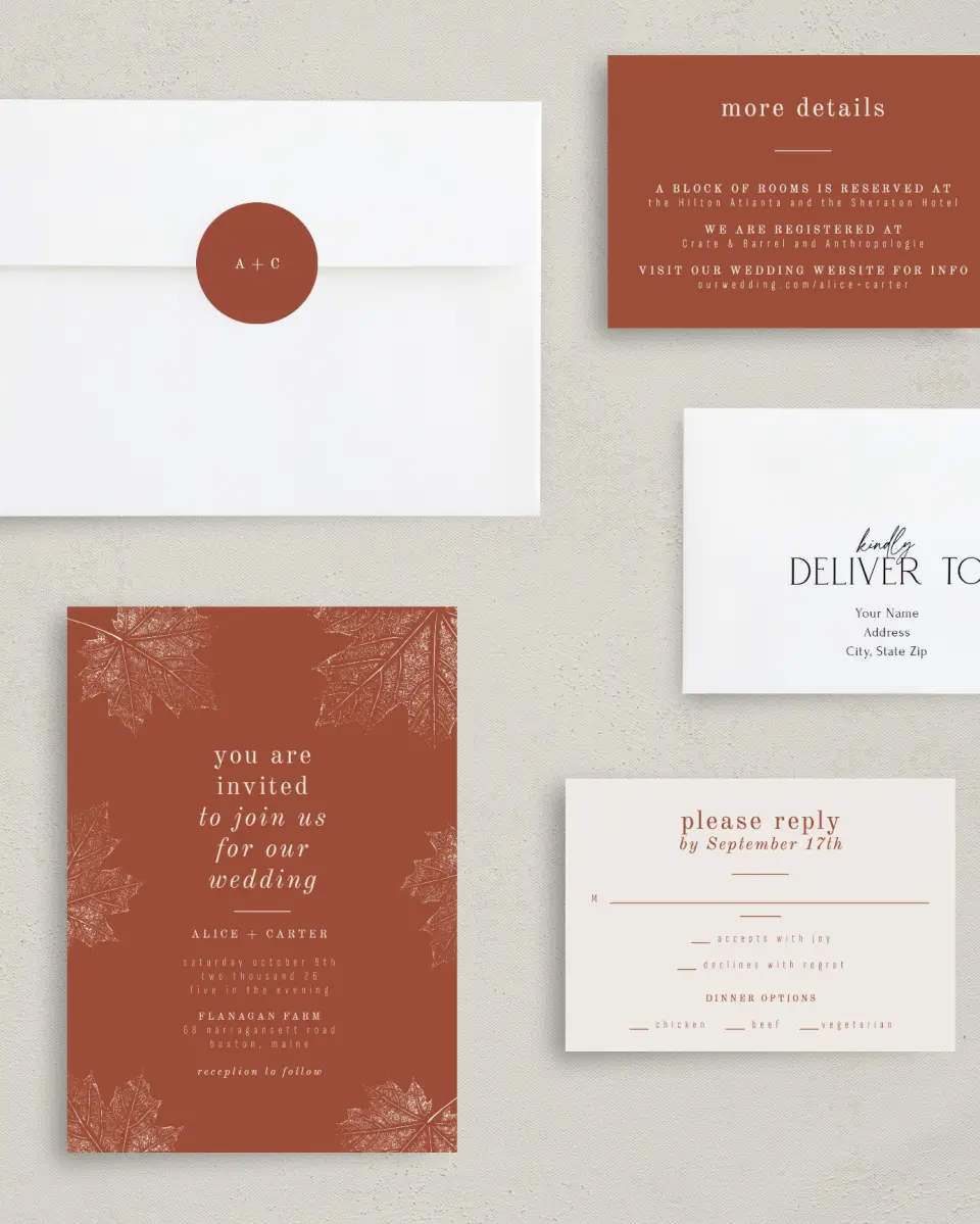 This is a 5" x 7" Classic Wedding Invitation called Turning Leaves printed in full color with Silver foil on Luxe Satin (coated) paper