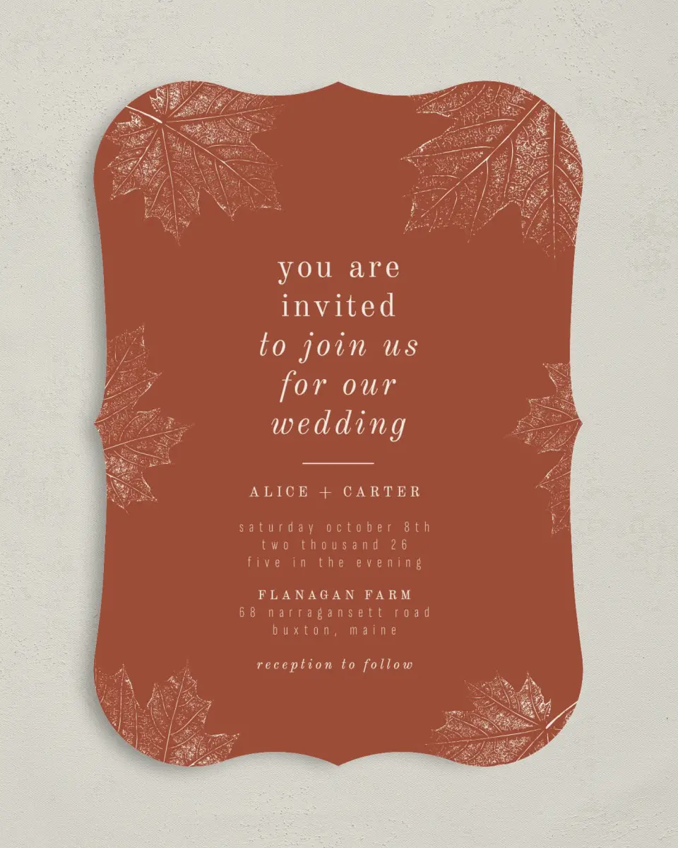 This is a 5" x 7" Bracket Wedding Invitation called Turning Leaves printed in full color with Silver foil on Luxe Satin (coated) paper