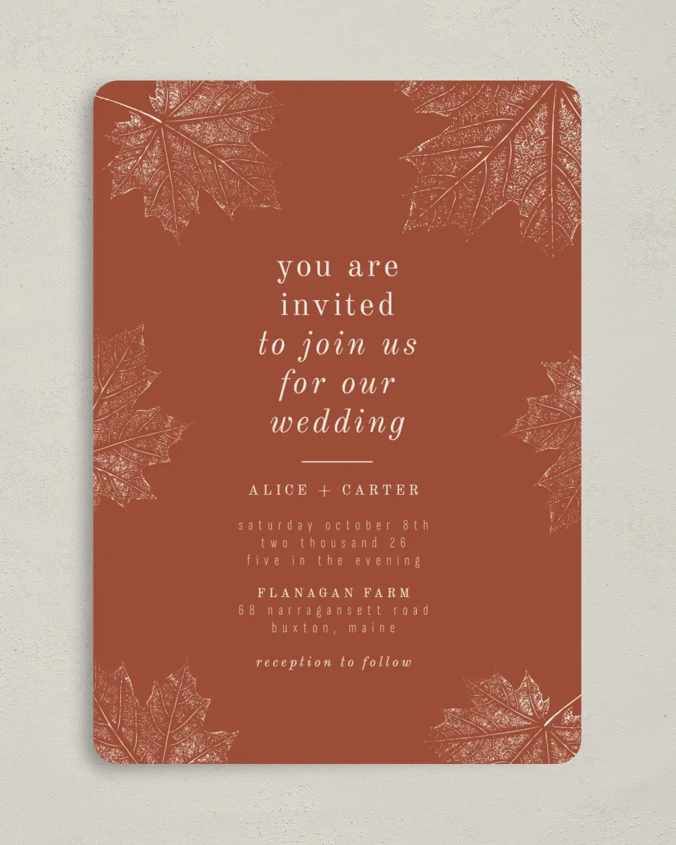 This is a 5" x 7" Rounded Wedding Invitation called Turning Leaves printed in full color on Premium Smooth paper