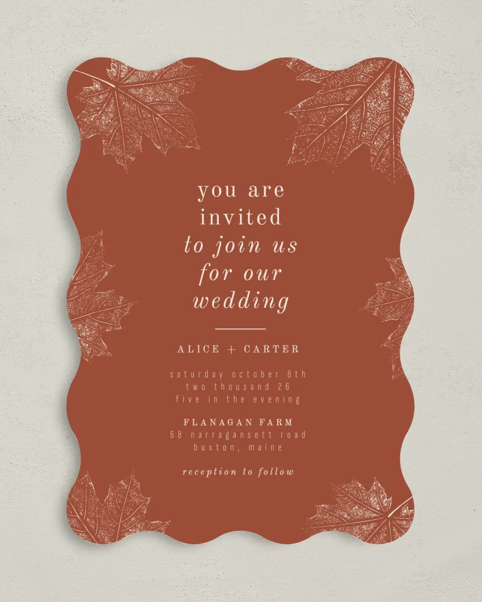 This is a 5" x 7" Wavy Wedding Invitation called Turning Leaves printed in full color on Premium Smooth paper