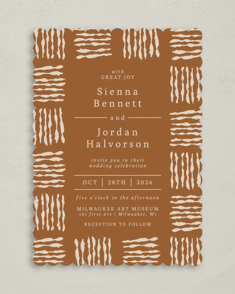 This is a 5" x 7" Classic Wedding Invitation called Threads of Love printed in full color with Gold foil on Luxe Satin (coated) paper