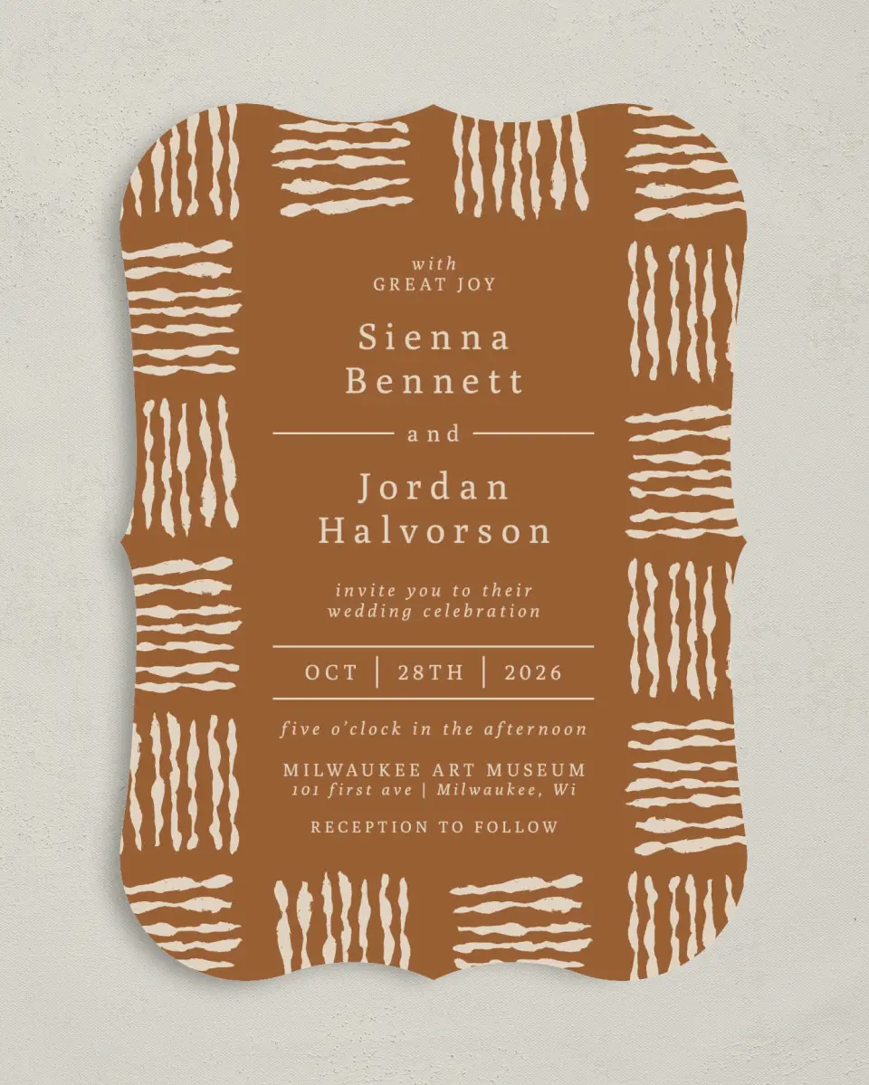 This is a 5" x 7" Bracket Wedding Invitation called Threads of Love printed in full color on Premium Smooth paper