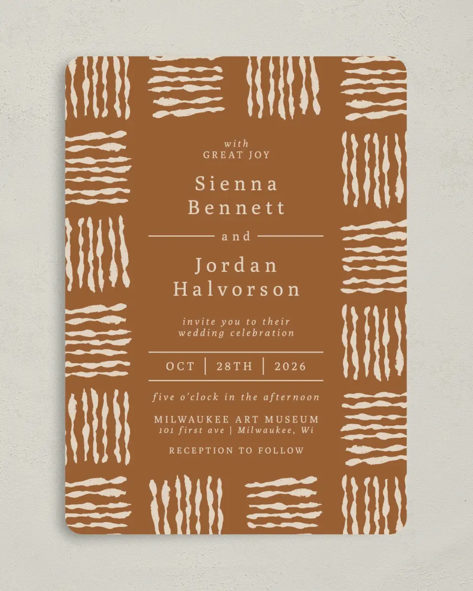This is a 5" x 7" Rounded Wedding Invitation called Threads of Love printed in full color on Premium Smooth paper