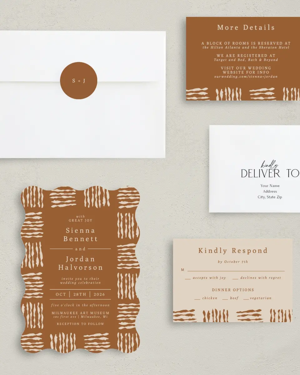 This is a 5" x 7" Wavy Wedding Invitation called Threads of Love printed in full color with Gold foil on Luxe Satin (coated) paper