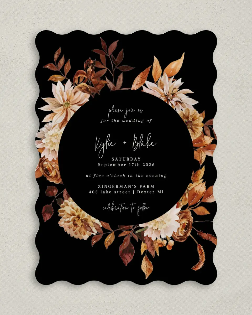 This is a 5" x 7" Wavy Wedding Invitation called Country Blooms printed in full color on Premium Smooth paper