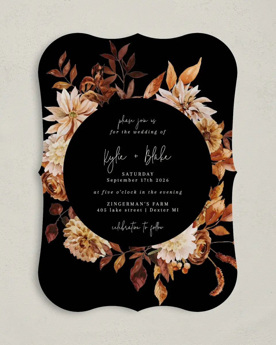 This is a 5" x 7" Bracket Wedding Invitation called Country Blooms printed in full color on Premium Smooth paper